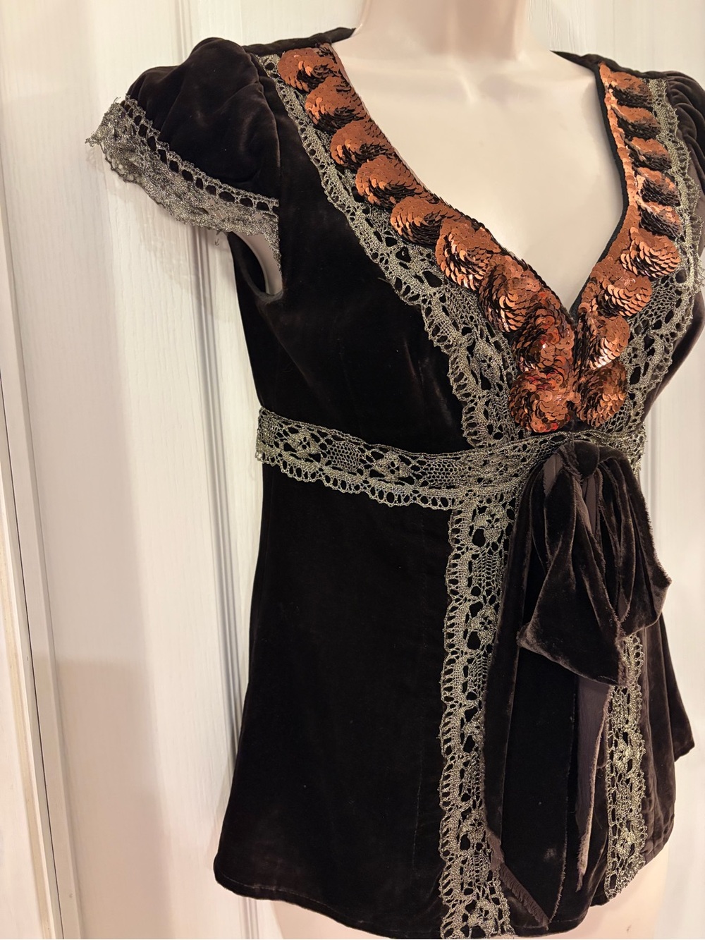Nanette Lepore Brown Velvet Top with Copper Sequin V-Neck - Picture 4 of 12